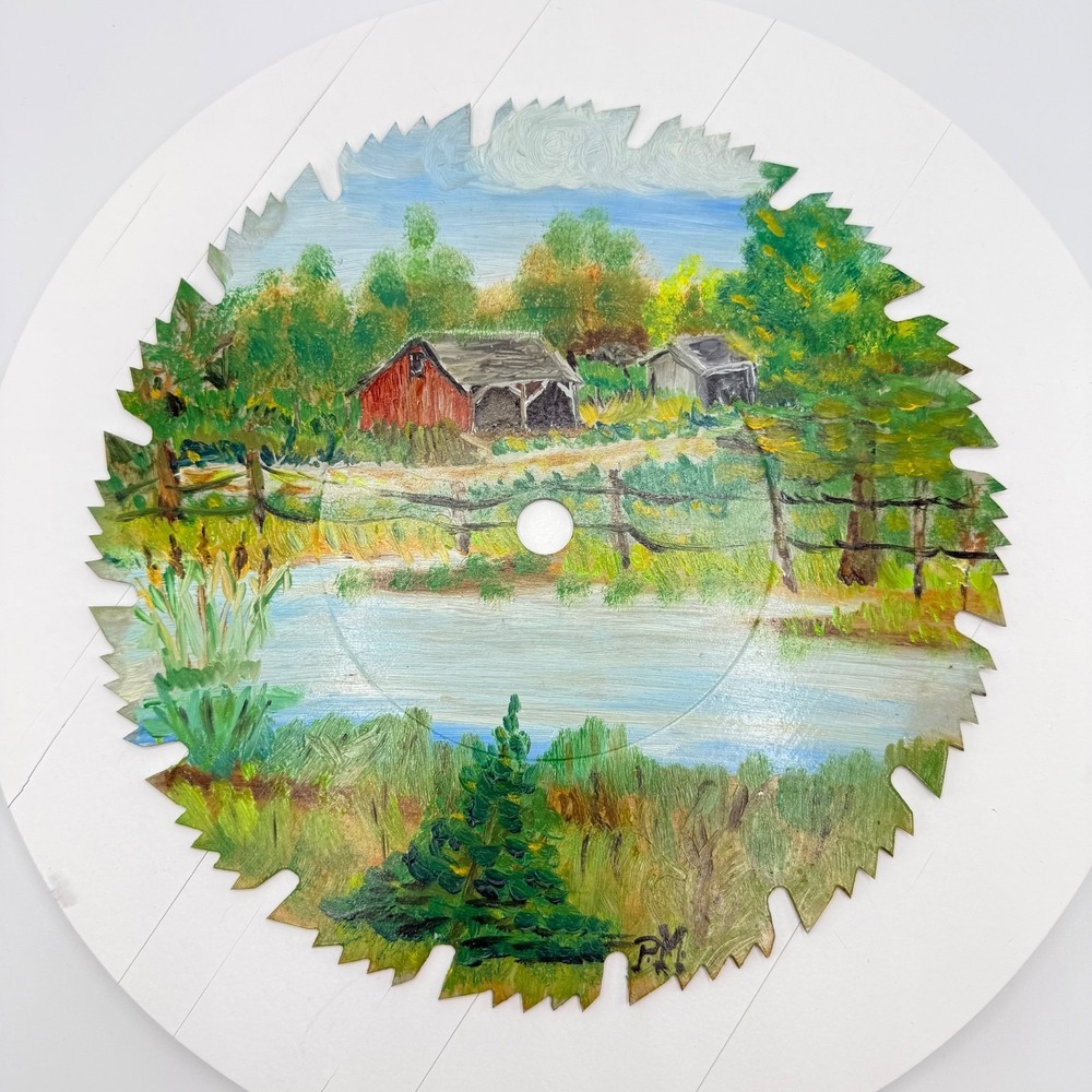 Saw Blade Vintage Hand-Painted Barn Scene Farm Landscape Country Signed Art